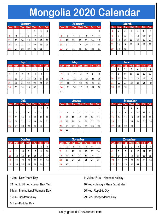 Mongolia Printable Calendar 2020